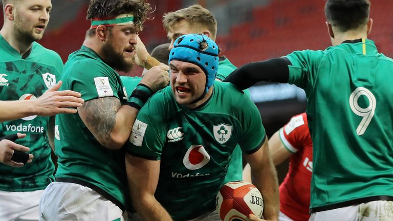 Tadhg Beirne celebrates after scoring Ireland's first try against Wales