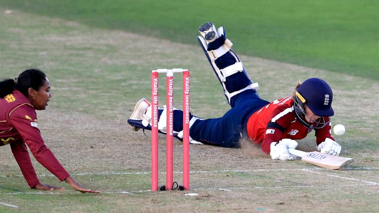 England Women's Tammy Beaumont (right) makes it back to her crease as West Indies Women's Afy Fletcher attempts to run her out during the first Vitality IT20 match at The Incora County Ground, Derby.