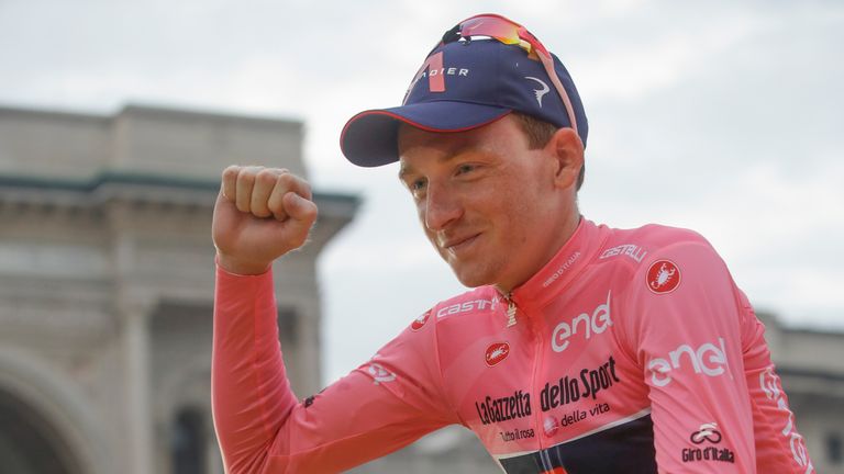 Tao Geoghegan Hart celebrates after winning the 2020 Giro d'Italia                