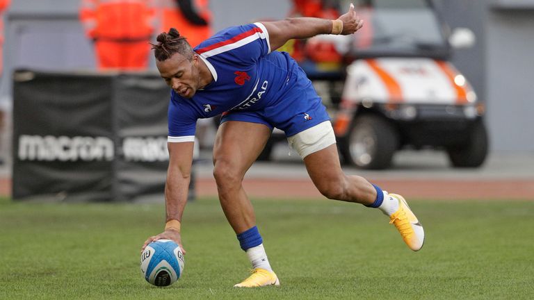 France...s Teddy Thomas scores another try during the Six Nations rugby union international between Italy and France at Rome...s Olympic stadium, Saturday, Feb. 6, 2021. (AP Photo/Gregorio Borgia)..