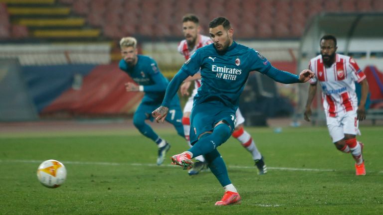 AC Milan&#39;s Theo Hernandez scores his side&#39;s second goal from penalty spot 