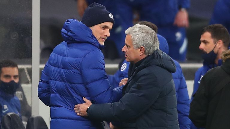 Thomas Tuchel and Jose Mourinho before the game between Tottenham and Chelsea