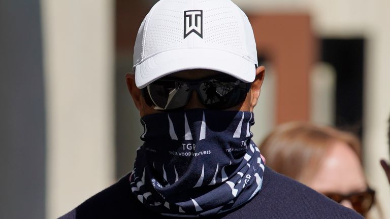 Tiger Woods looks on during the third round of the Genesis Invitational golf tournament at Riviera Country Club, Saturday, Feb. 20, 2021, in the Pacific Palisades area of Los Angeles. (AP Photo/Ryan Kang)
