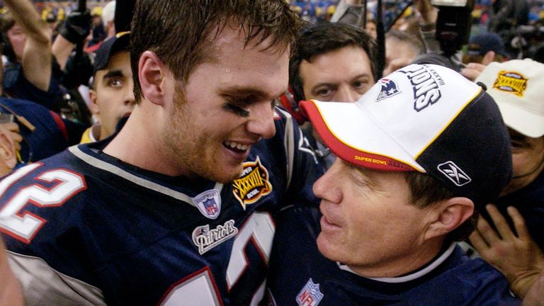 ADVANCE FOR WEEKEND EDITIONS, DEC. 15-16  - FILE - This Feb. 1, 2004 file photo shows New England Patriots MVP quarterback Tom Brady (12) and head coach Bill Belichick embracing after defeating the Carolina Panthers 32-29 in Super Bowl XXXVIII in Houston. For nearly a dozen years, the Bill Belichick-Tom Brady combo has been dominant. (AP Photo/David J. Phillip, File)