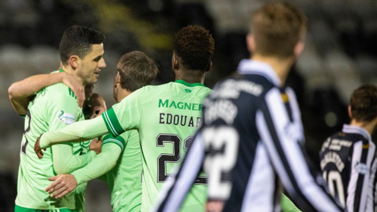 Tom Rogic is congratulated by team-mates after giving Celtic the lead against St Mirren