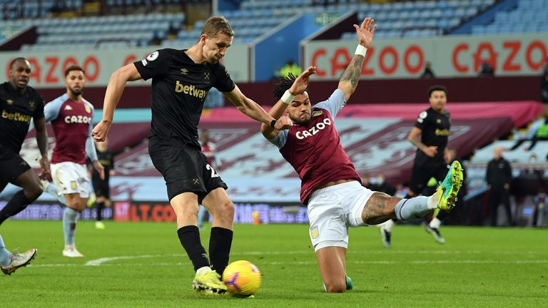 Tomas Soucek scores the opening goal at Villa Park