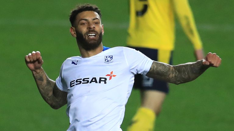 Tranmere Rovers&#39; Kaiyne Woolery (left) celebrates scoring against Oxford