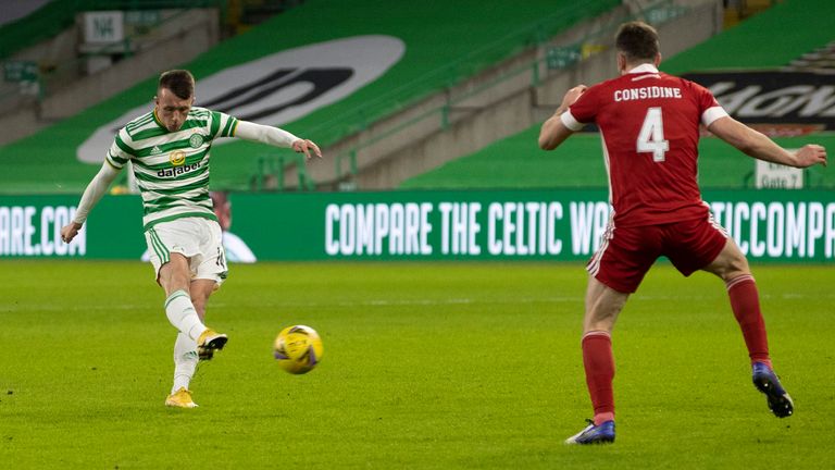 David Turnbull scores to make it 1-0 Celtic during a Scottish Premiership match between Celtic and Aberdeen at Celtic Park