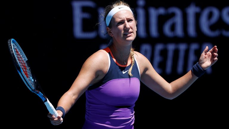 Victoria Azarenka of Belarus reacts during her match against United States' Jessica Pegula in their first round match at the Australian Open tennis championship in Melbourne, Australia, Tuesday, Feb. 9, 2021.(AP Photo/Rick Rycroft)