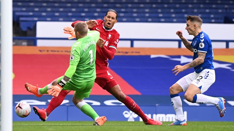 Virgil van Dijk sustained the injury after this challenge from Jorgan Pickford