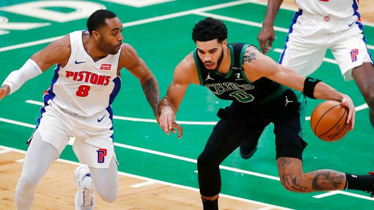 AP - Detroit Pistons&#39; (8) defends against Boston Celtics&#39; Jayson Tatum