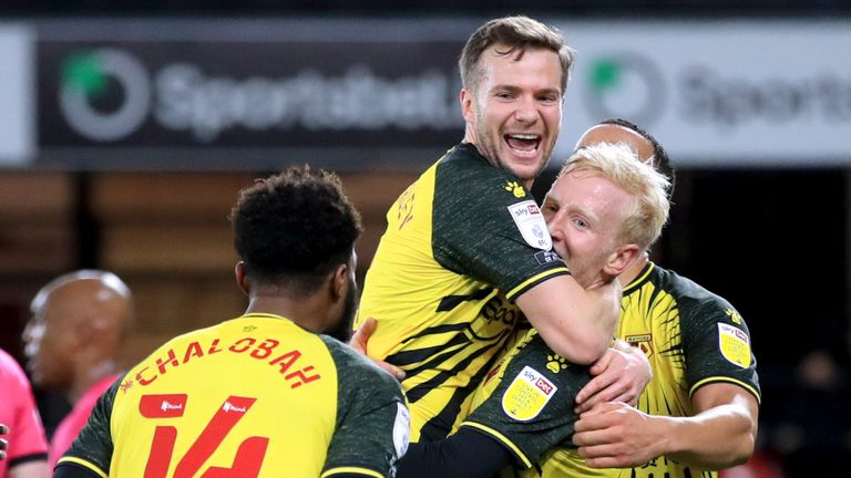 Watford&#39;s Will Hughes (second right) celebrates with his team-mates after scoring their side&#39;s second goal of the game vs Derby