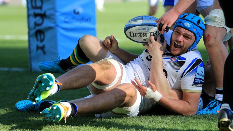 Bath's Zach Mercer celebrates scoring their second try during the Gallagher Premiership match at Franklins Gardens, Northampton. Picture date: Sunday February 28, 2021.