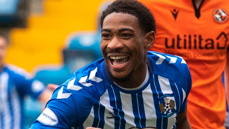 KILMARNOCK, SCOTLAND - FEBRUARY 27:  Kilmarnock's Zech Medley celebrates the equaliser for Kilmarnock to make it 1-1 during the Scottish Premiership match between Kilmarnock and Dundee United at the BBSP Stadium at Rugby Park on February 27, 2021, in Kilmarnock, Scotland. (Photo by Craig Foy / SNS Group)