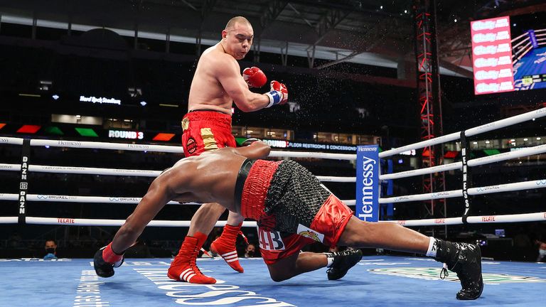 February 27, 2021; Miami, Florida; Zhilei Zhang and Jerry Forrest during their heavyweight bout at the Hard Rock Stadium in Miami, FL.  Mandatory Credit: Ed Mulholland/Matchroom.