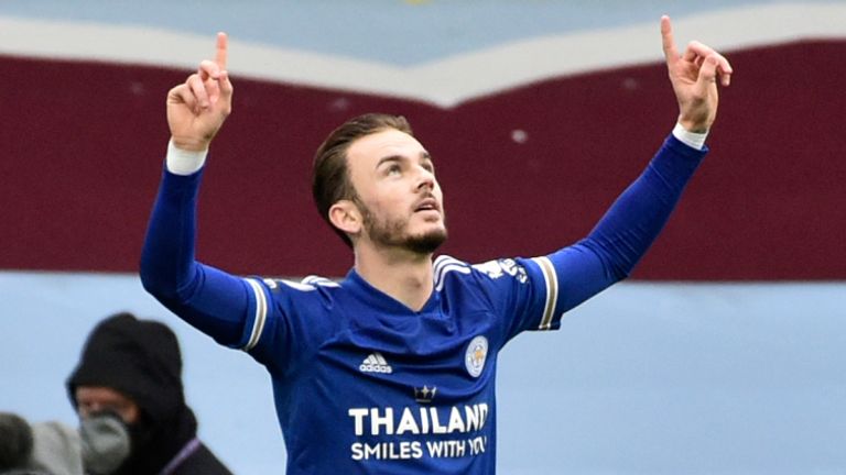 James Maddison celebrates after scoring at Villa Park (AP)