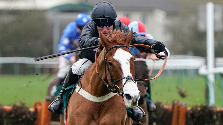 WARWICK, ENGLAND - FEBRUARY 21: Robbie Power riding Lieutenant Rocco clear the last to win The British Stallion Studs EBF 'National Hunt' Novices' Hurdle at Warwick Racecourse on February 21, 2020 in Warwick, England. (Photo by Alan Crowhurst/Getty Images)