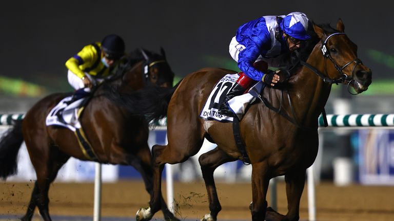 DUBAI, UNITED ARAB EMIRATES - MARCH 27:  Frankie Dettori riding Lord North wins the Dubai Turf during Dubai World Cup at the Meydan Racecourse on March 27, 2021 in Dubai, United Arab Emirates. (Photo by Francois Nel/Getty Images)