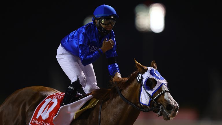 DUBAI, UNITED ARAB EMIRATES - MARCH 27:  Luis Saez riding Mystic Guide wins the Dubai World Cup at the Meydan Racecourse on March 27, 2021 in Dubai, United Arab Emirates. (Photo by Francois Nel/Getty Images)
