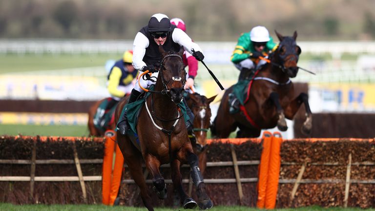 Flooring Porter ridden by Danny Mullins clears the last to win the Paddy Power Stayers' Hurdle 