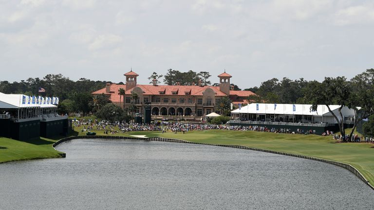 A general view of the 18th hole and Clubhouse during the third round of THE PLAYERS Championship on THE PLAYERS Stadium Course at TPC Sawgrass on May 13, 2017