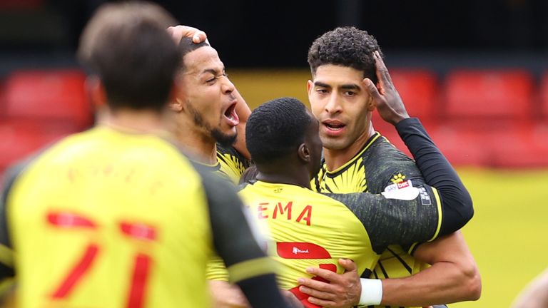 Adam Masina is congratulated by team-mates after putting Watford in front against Nottingham Forest