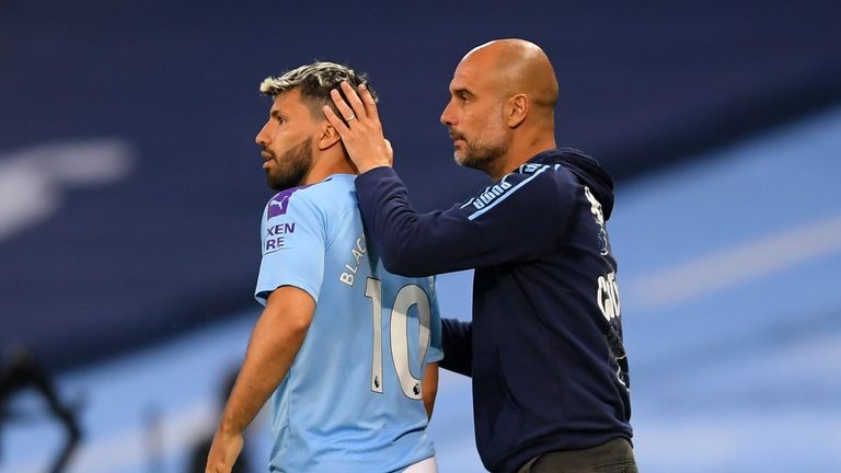 Manchester City&#39;s Sergio Aguero is subbed on by Manchester City manager Pep Guardiola during the Premier League match at the Etihad Stadium, Manchester. 