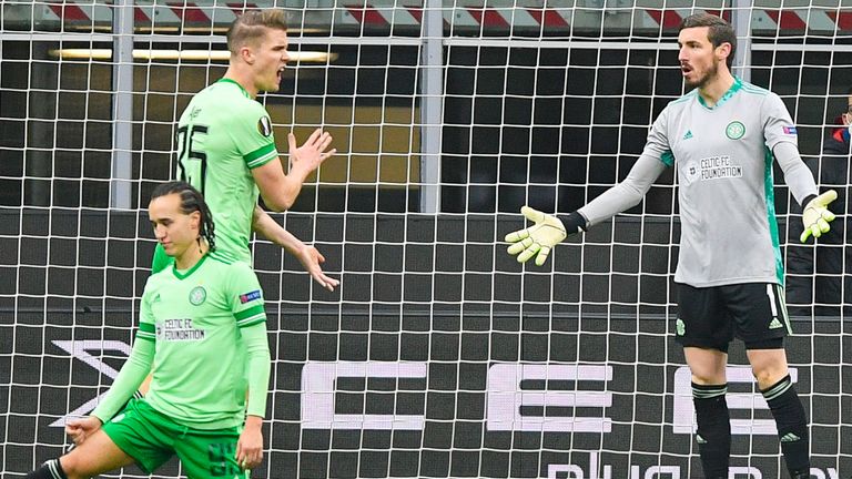 MILAN, ITALY - DECEMBER 03: Celtic goalkeeper Vasilis Barkas (R) and defenders Kristoffer Ajer and Diego Laxalt after they concede a second goal during a UEFA Europa League match between AC Milan and Celtic at the San Siro, on December 03, 2020, in Milan, Italy. (Photo by Giuseppe Maffia / SNS Group)
