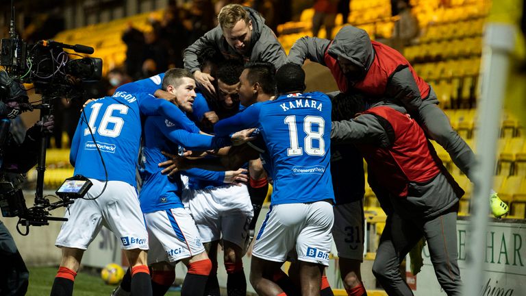 Alfredo Morelos celebrates after scoring to make it 1-0 Rangers