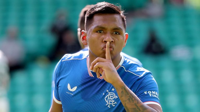 Alfredo Morelos celebrates after equalising against Celtic on Sunday