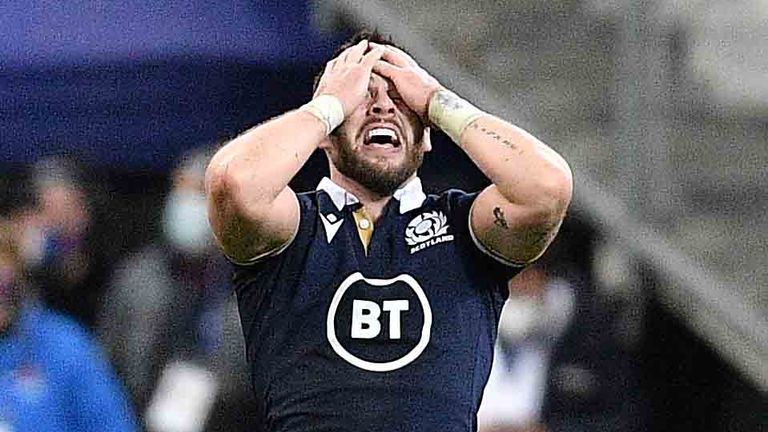 Scotland's Ali Price reacts after the final whistle against France