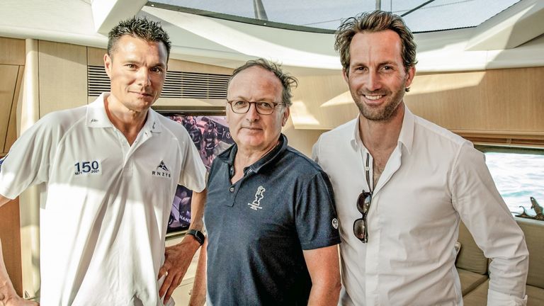 Aaron Young, commodore of the Royal New Zealand Yacht Club, Bertie Bicket, chairman of Royal Yacht Squadron Racing and Sir Ben Ainslie, Team Prinicipal of INEOS TEAM UK onboard IMAGINE 