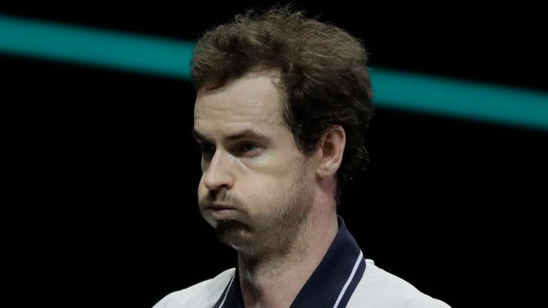 Britain's Andy Murray puffs his cheeks after missing a return against Russia's Andrey Rublev. (AP Photo/Peter Dejong)
