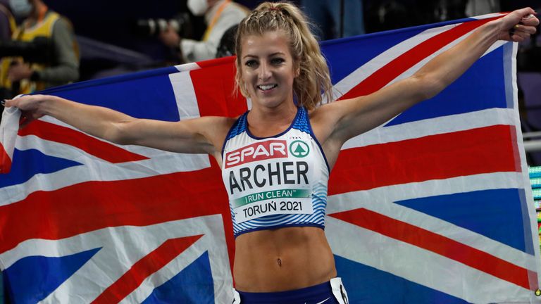 AP - Britain's Holly Archer celebrates after winning silver in the women's 1500 metres final at the Poland European Indoor Athletics Championships