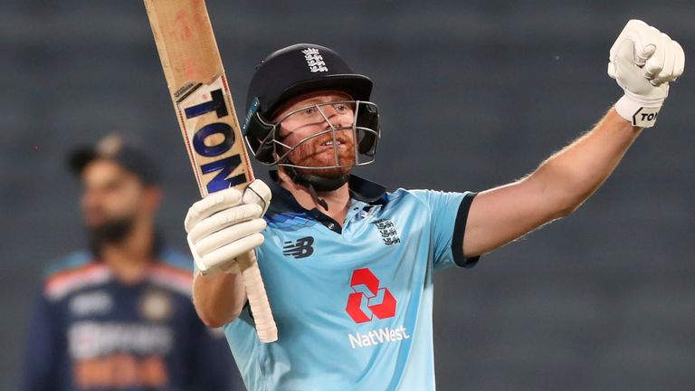 AP - England's Jonny Bairstow celebrates scoring a century during the second One Day International cricket match between India and England at Maharashtra Cricket Association Stadium in Pune, India, Friday, March 26, 2021. (AP Photo/Rafiq Maqbool)