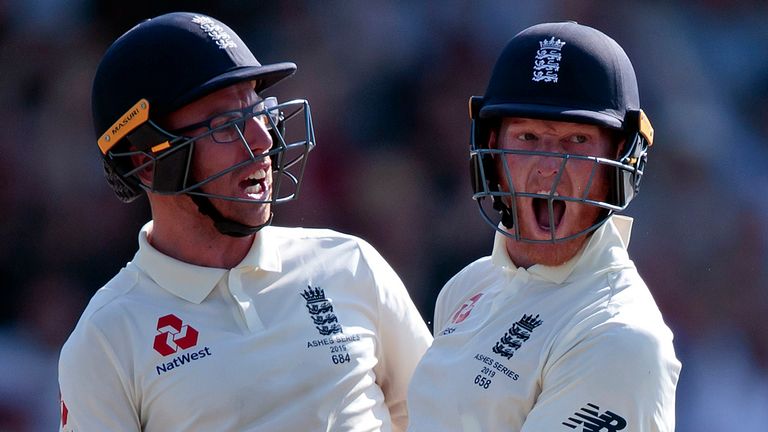 AP Newsroom - England's Ben Stokes, right, with Jack Leach celebrates after scoring the winning runs on the fourth day of the 3rd Ashes Test cricket match between England and Australia at Headingley cricket ground in Leeds, England, Sunday, Aug. 25, 2019. (AP Photo/Jon Super) (AP Photo/Jon Super) 