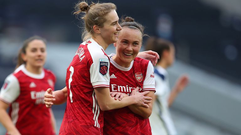 Vivianne Miedema of Arsenal celebrates with Caitlin Foord after scoring their team's second goal 