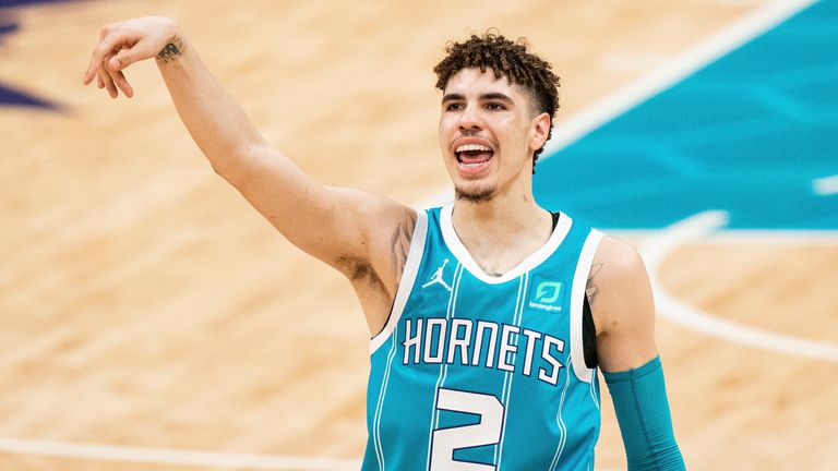 Charlotte Hornets guard LaMelo Ball (2) after missing a 3 point shot against the Toronto Raptors during the second half of an NBA basketball game in Charlotte, N.C., Saturday, March 13, 2021.