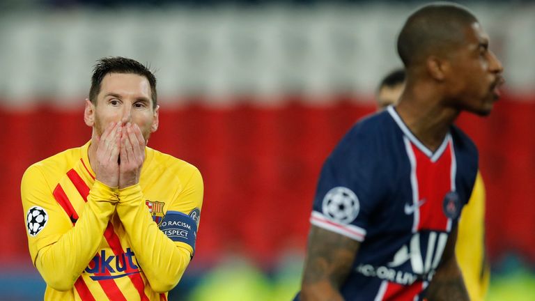 Lionel Messi reacts during Barcelona's match against PSG