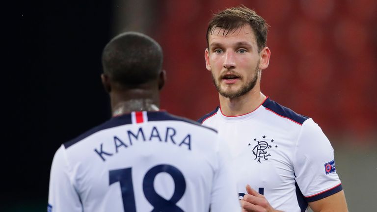 Rangers' Borna Barisic (R) and Glen Kamara 