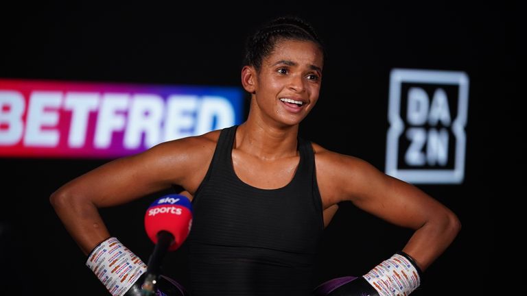 Ramla Ali and Bec Connolly, Featherweight Contest, SSE Wembley Arena.
20 March 2021
Picture By Dave Thompson Matchroom Boxing
Ramla Ali celebrates her victory.
