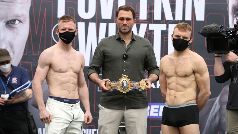 *** FREE FOR EDITORIAL USE ***.Ted Cheeseman and James Metcalf weigh in ahead of their vacant British Super-Welterweight fight tomorrow night..26 March 2021.Picture By Mark Robinson Matchroom Boxing.