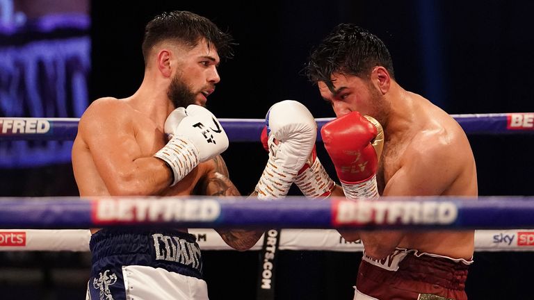 *** FREE FOR EDITORIAL USE ***.Joe Cordina vs Faroukh Kourbanov, Super Featherweight Contest, SSE Wembley Arena..20 March 2021.Picture By Dave Thompson Matchroom Boxing