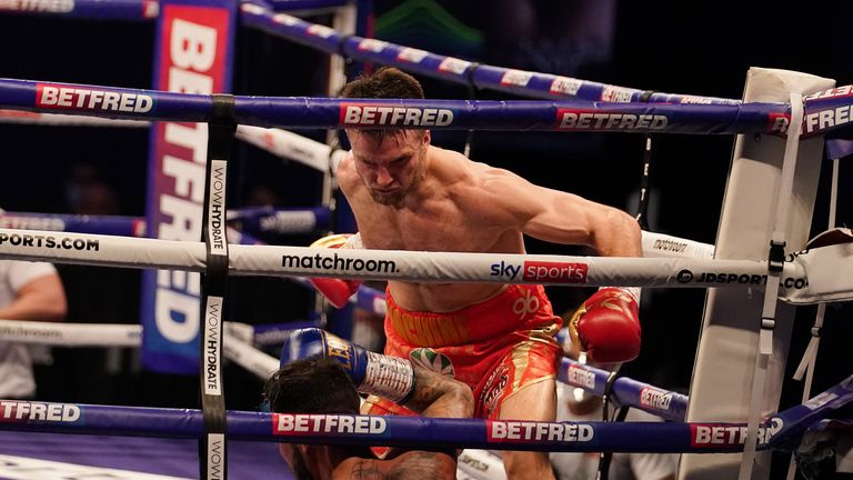 Anthony Fowler and Jorge Fortea, Super-Welterweight, WBA International Title Contest, SSE Wembley Arena.
20 March 2021
Picture By Dave Thompson Matchroom Boxing.
Jorge Fortea knocked down by Fowler.