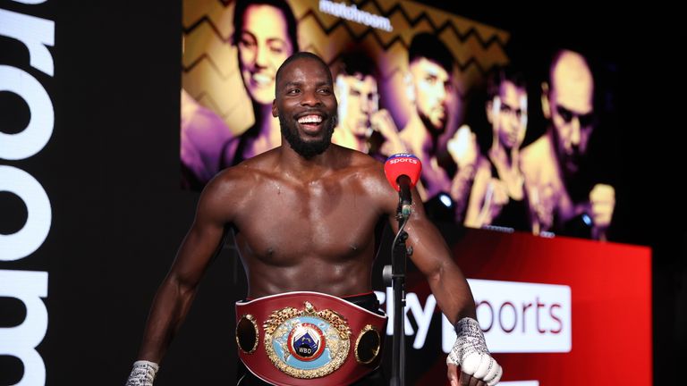 Lawerence Okolie vs Krzysztof Glowacki, WBO Crusierweight Title Contest, SSE Wembley Arena.
20 March 2021
Picture By Mark Robinson Matchroom Boxing.
Lawerence Okolie with his belt after his win.