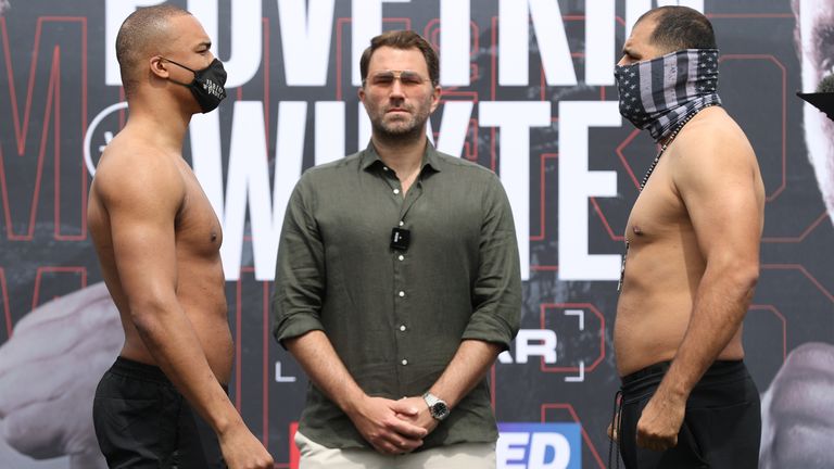 *** FREE FOR EDITORIAL USE ***.Fabio Wardley and Eric Molina Press weigh in ahead of their Heavyweight fight tomorrow night..26 March 2021.Picture By Mark Robinson Matchroom Boxing.