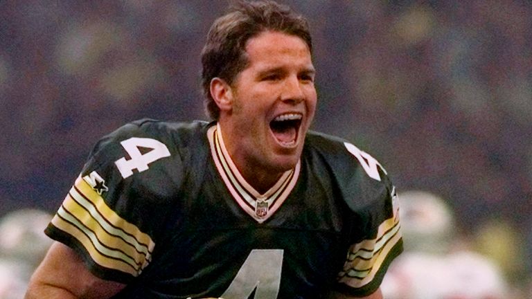 Green Bay Packers quarterback Brett Favre celebrates after throwing a touchdown pass to Andre Rison during the NFL football Super Bowl in New Orleans. Favre looks at the quarterbacks on display this weekend with an admiration as strong as the throws he made as a Pro Football Hall of Fame player. (AP Photo/Doug Mills, File)