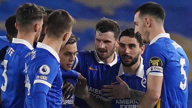 Brighton and Hove Albion's Leandro Trossard (centre) celebrates with team-mates after scoring against Newcaste