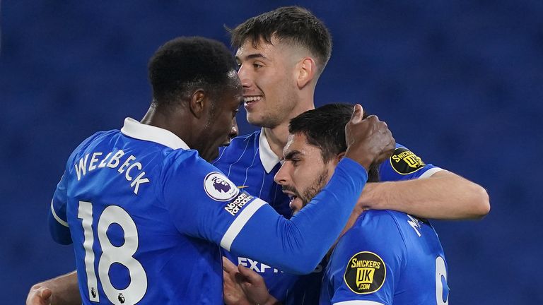 Brighton and Hove Albion's Neal Maupay (right) celebrates with Danny Welbeck (left) and Jakub Moder after scoring against Newcastle