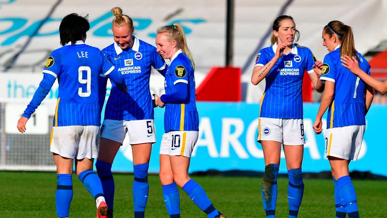Brighton's players celebrate during the 2-0 victory over Tottenham earlier this month